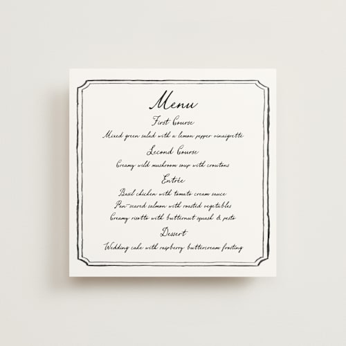 This is a coal menu cards with standard by Cass Loh called handwritten printing on signature in 5x5