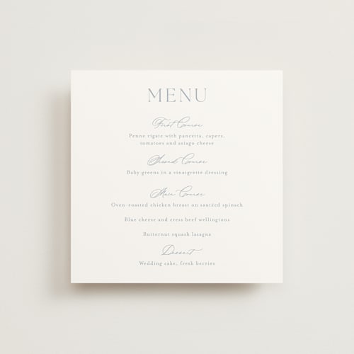This is a dusty blue menu cards with standard by Stacey Meacham called modern air printing on signature in 5x5