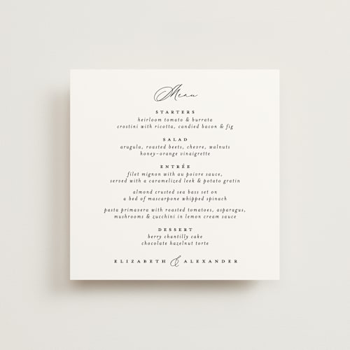 This is a cotton menu cards with standard by Carolyn Nicks called grande printing on signature in 5x5