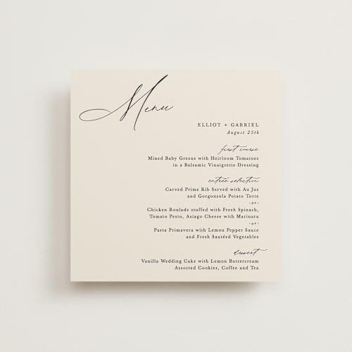 This is a ecru menu cards with standard by Hooray Creative called scripted names printing on signature in 5x5