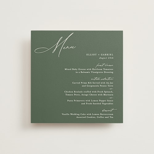 This is a forest menu cards with standard by Hooray Creative called scripted names printing on signature in 5x5