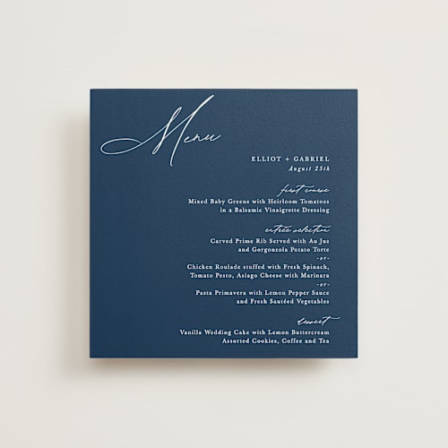 This is a navy menu cards with standard by Hooray Creative called scripted names printing on signature in 5x5