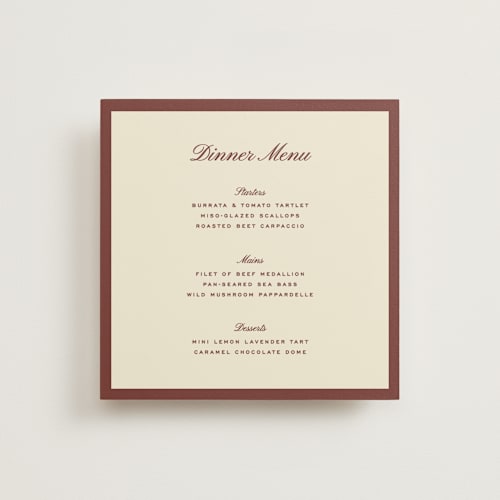 This is a burgundy menu cards with standard by Ellen Schlegelmilch called palermo printing on signature in standard
