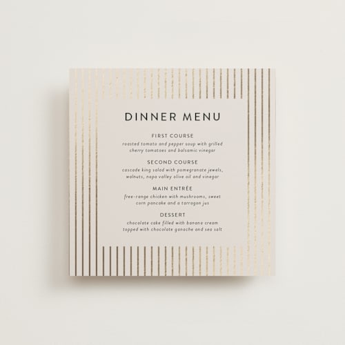 This is a cream menu cards with foil pressed by Simona Camp called striped square printing on signature in standard