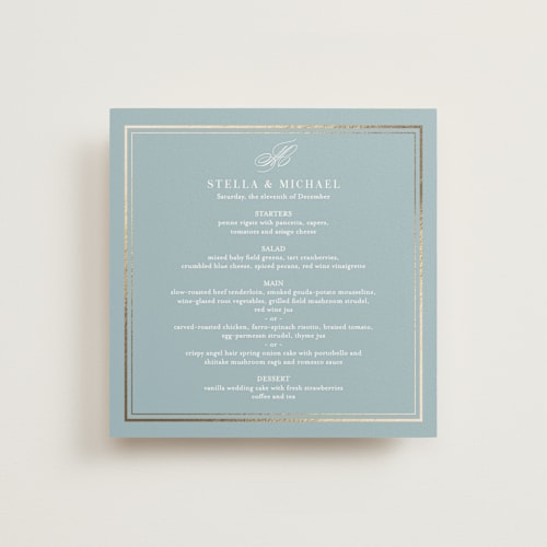 This is a powder blue menu cards with foil pressed by Jennifer Postorino called polished printing on signature in 5x5