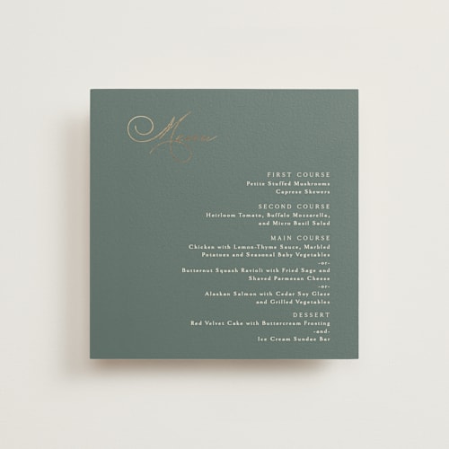 This is a moss menu cards with foil pressed by Kaydi Bishop called eternal printing on signature in 5x5