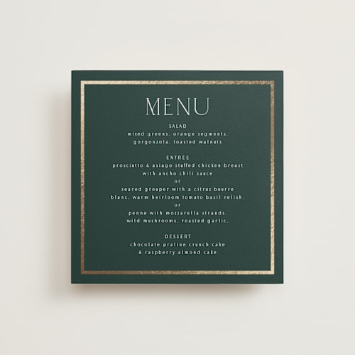 This is a evergreen menu cards with foil pressed by Nicole Walsh called regal printing on signature in 5x5