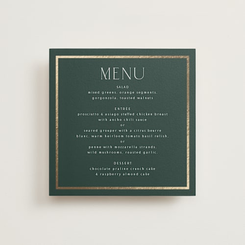 This is a evergreen menu cards with foil pressed by Nicole Walsh called regal printing on signature in 5x5