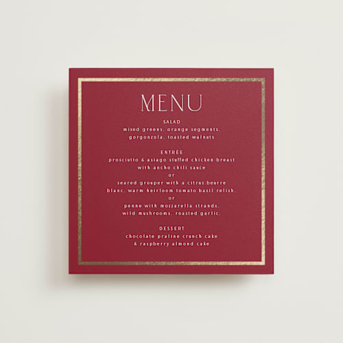 This is a ruby menu cards with foil pressed by Nicole Walsh called regal printing on signature in 5x5