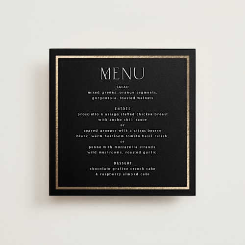 This is a noir menu cards with foil pressed by Nicole Walsh called regal printing on signature in 5x5