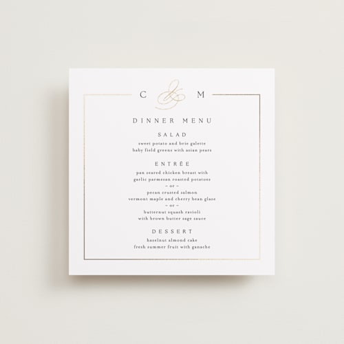 This is a silk menu cards with foil pressed by Kelly Schmidt called framed monogram printing on signature in 5x5