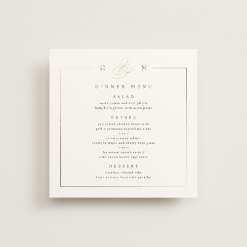 This is a silk menu cards with foil pressed by Kelly Schmidt called framed monogram printing on signature in 5x5