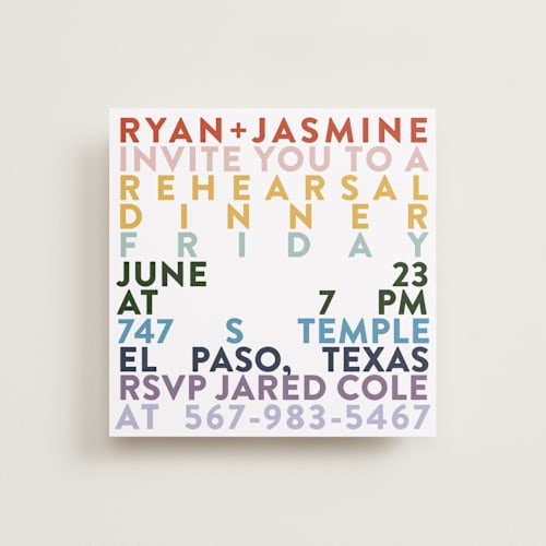This is a confetti rehearsal dinner invitations with standard by Carolyn Hunt called rainbow rehearsal printing on signature in standard