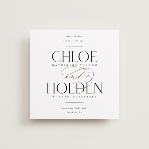 This is a sugar foil stamped save the date cards with foil pressed by Jessica Williams called idyllic printing on signature in standard