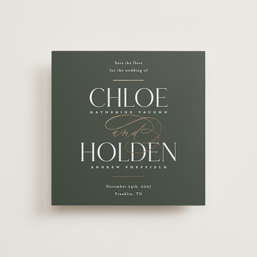 This is a boxwood foil stamped save the date cards with foil pressed by Jessica Williams called idyllic printing on signature in standard