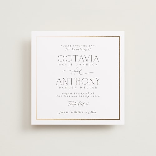 This is a porcelain foil stamped save the date cards with foil pressed by Nicole Walsh called regal printing on signature in standard