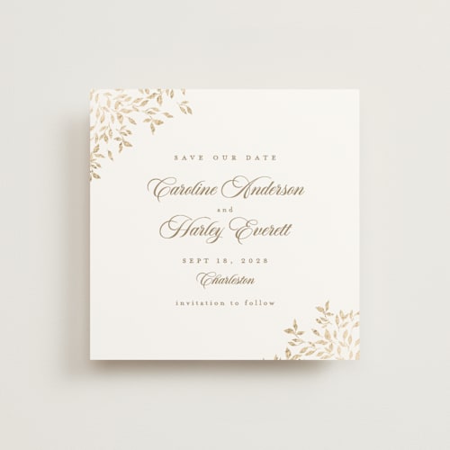 This is a chiffon foil stamped save the date cards with foil pressed by Kristie Kern called midsummer printing on signature in standard