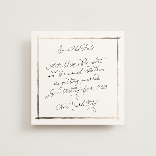 This is a nero foil stamped save the date cards with foil pressed by Pati Cascino called justine printing on signature in square