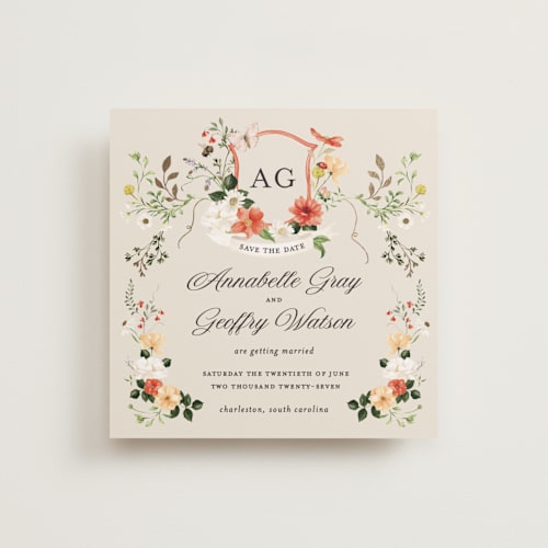 This is a linen foil stamped save the date cards with foil pressed by Sarah Knight called fleur printing on signature in square