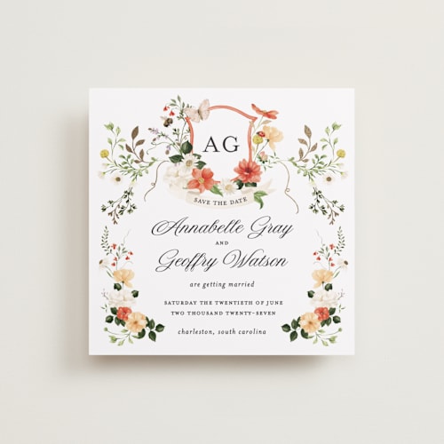 This is a verona sunset foil stamped save the date cards with foil pressed by Sarah Knight called fleur printing on signature in standard