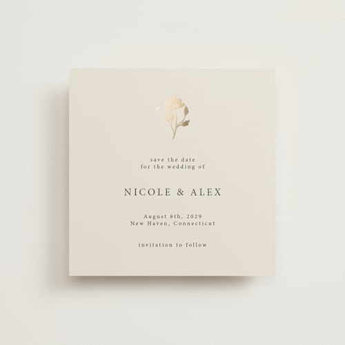 This is a sand foil stamped save the date cards with foil pressed by Hannah Bowman called petite jolie printing on signature in standard