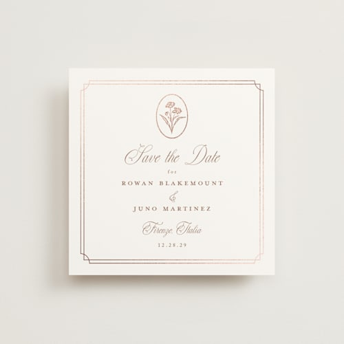 This is a rose foil stamped save the date cards with foil pressed by chocomocacino called fleu-de-sel printing on signature in standard