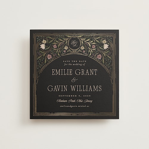 This is a noir foil stamped save the date cards with foil pressed by Randi Cirelli called emilie printing on signature in standard