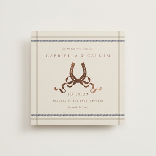 This is a midnight foil stamped save the date cards with foil pressed by Sam Dubeau called equestrian printing on signature in standard