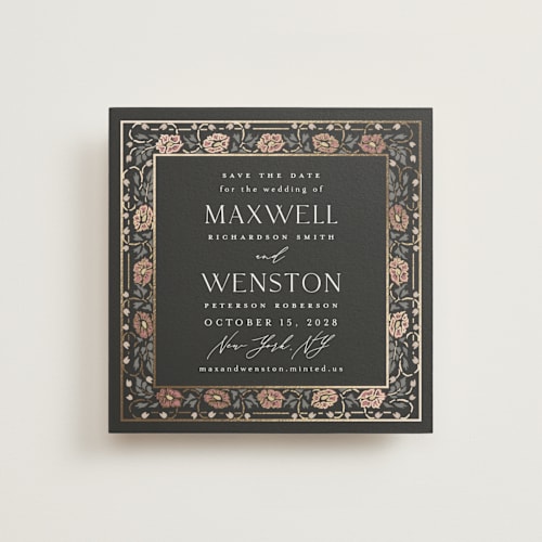 This is a ebony foil stamped save the date cards with foil pressed by Ana de Sousa called timeless nature printing on signature in standard