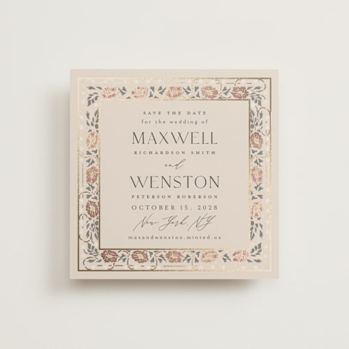 This is a champagne foil stamped save the date cards with foil pressed by Ana de Sousa called timeless nature printing on signature in square