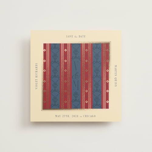 This is a navy foil stamped save the date cards with foil pressed by Baumbirdy called woven printing on signature in standard