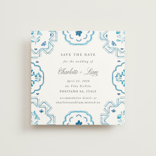 This is a cerulean save the date with standard by Itsy Belle Studio called almafi printing on signature in standard