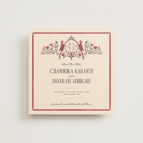 This is a garnet save the date with standard by Jenna Holcomb called tapestry printing on signature in square