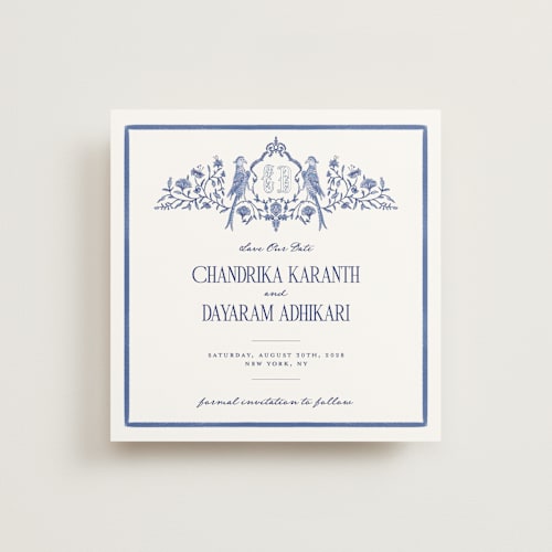 This is a cobalt save the date with standard by Jenna Holcomb called tapestry printing on signature in square