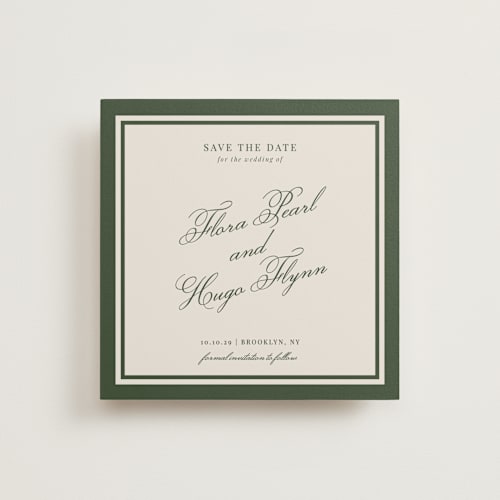 This is a evergreen save the date with standard by Kelly Watkins called emerson printing on signature in standard