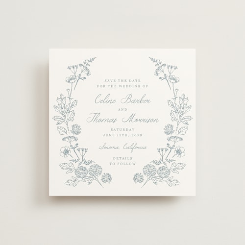 This is a cornflower save the date with standard by Hannah Bowman called toile frame printing on signature in square