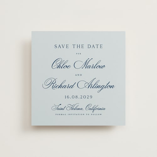 This is a sky save the date with standard by Kelly Schmidt called landscape script printing on signature in standard