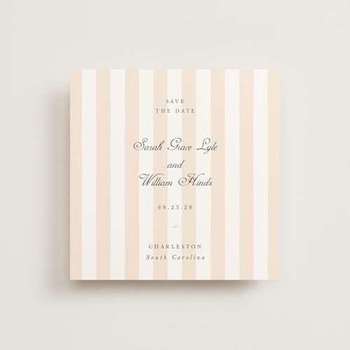 This is a peach save the date with standard by Sara Hicks Malone called awning stripe printing on signature in standard