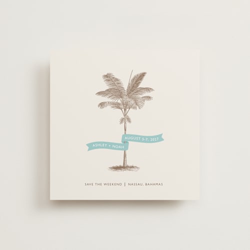 This is a ocean save the date with standard by Lauren Chism called palm printing on signature in standard
