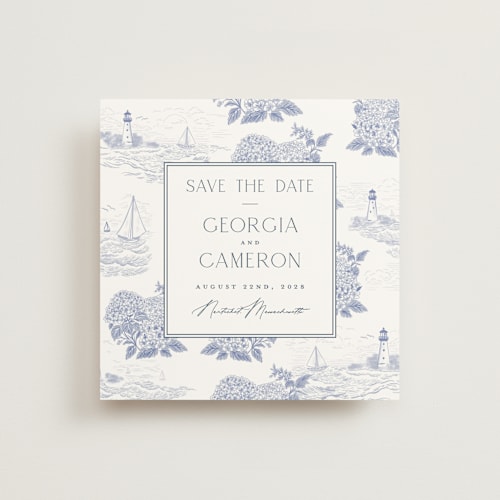 This is a periwinkle save the date with standard by Jenna Holcomb called coastal toile printing on signature in standard