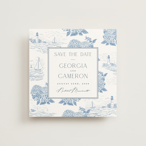 This is a sea save the date with standard by Jenna Holcomb called coastal toile printing on signature in square
