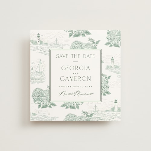 This is a ivy save the date with standard by Jenna Holcomb called coastal toile printing on signature in standard