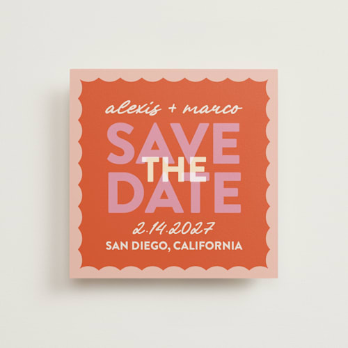This is a peach save the date with standard by Carolyn Hunt called save the scallops printing on signature in square