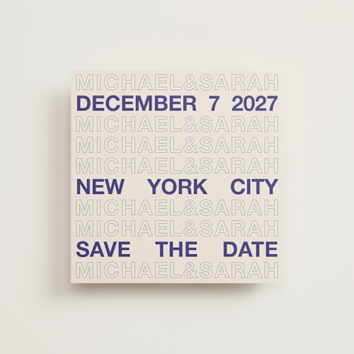 This is a cream save the date with standard by Cleghorn Creative called be there or be square printing on signature in standard