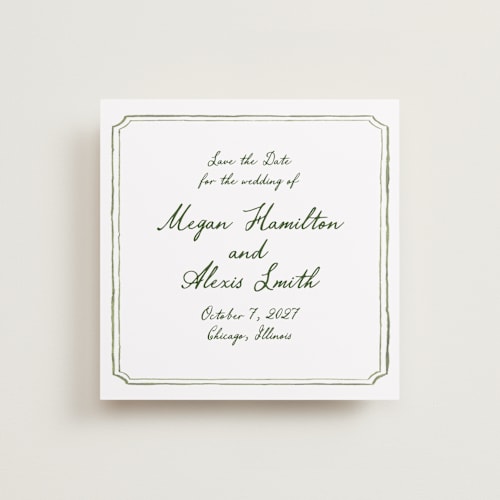 This is a moss save the date with standard by Cass Loh called handwritten printing on signature in square