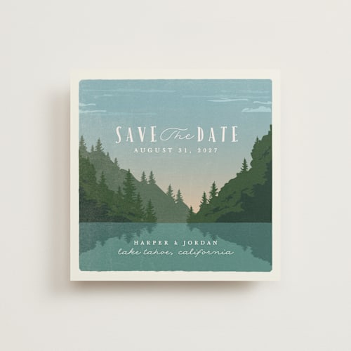 This is a forest save the date with standard by Karidy Walker called vintage poster printing on signature in standard
