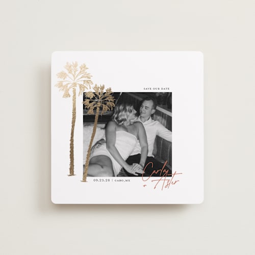 This is a pearl foil stamped save the date cards with foil pressed by Summer Winkelman called the palms printing on recycled smooth signature in square