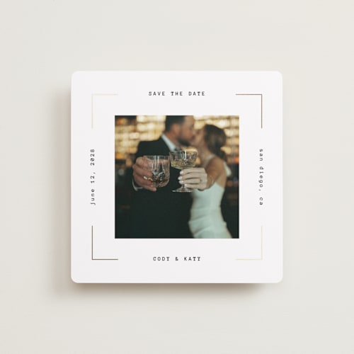 This is a pearl foil stamped save the date cards with foil pressed by Ana Sharpe called our snapshot printing on recycled smooth signature in square