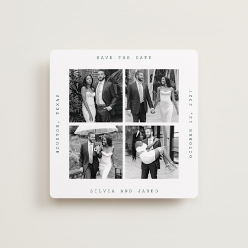 This is a seafoam save the date with standard by Cass Loh called typewriter collage printing on recycled smooth signature in standard