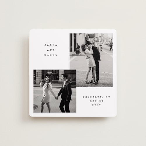 This is a silk save the date with standard by Adelyn T. called soft overlay printing on recycled smooth signature in standard